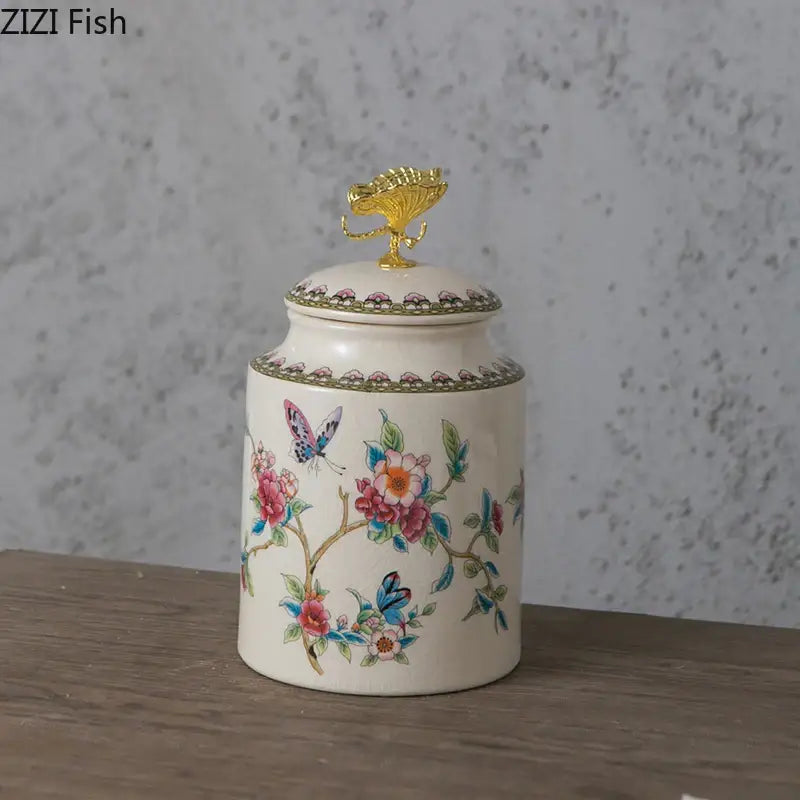 Floral ceramic storage jar with dragonfly lid bedroom jewelry box