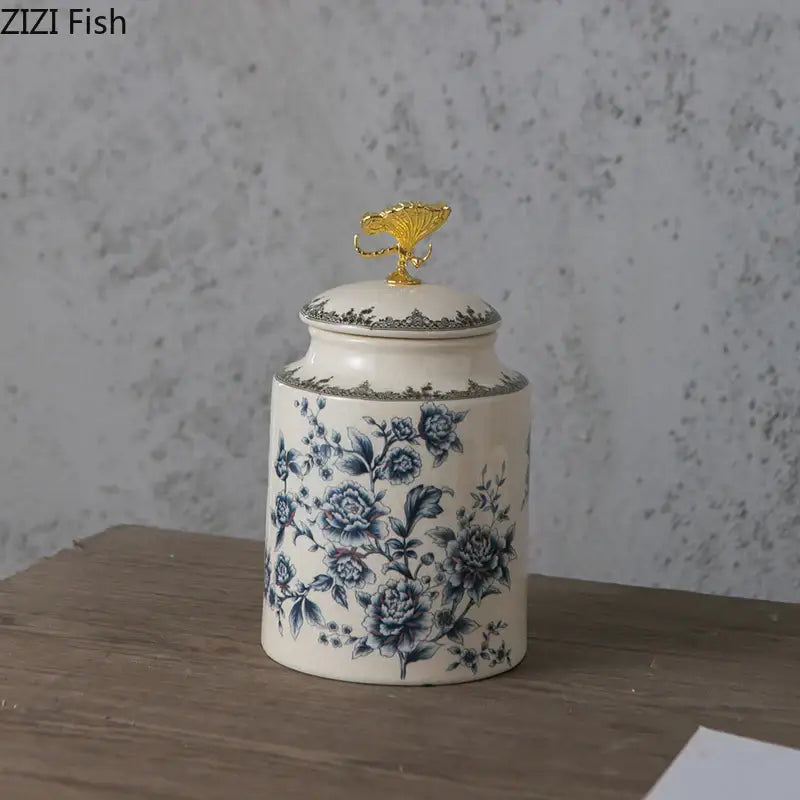 Floral ceramic storage jar with dragonfly lid bedroom jewelry box