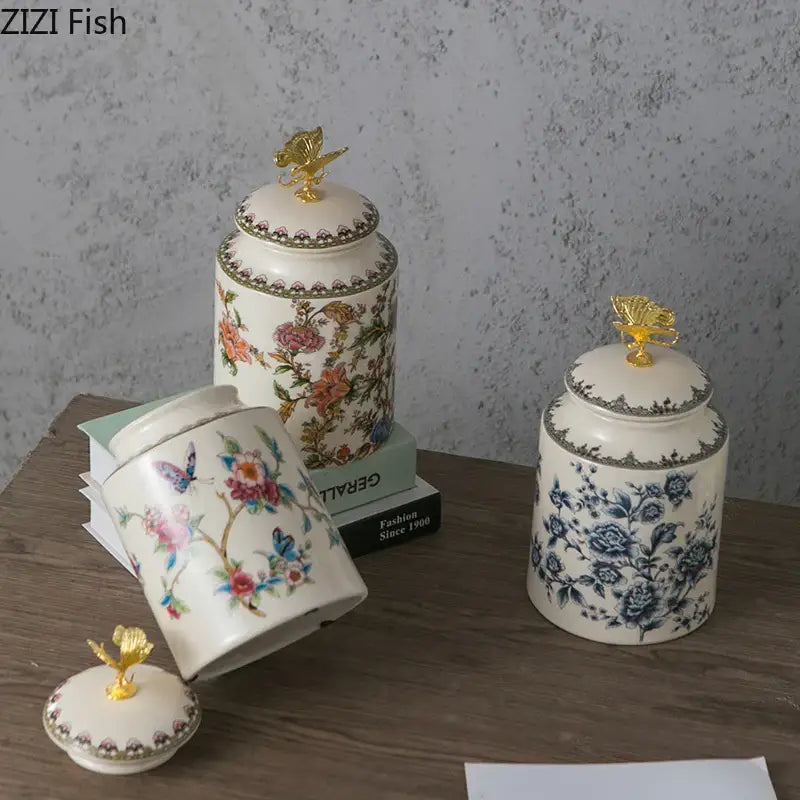 Floral ceramic storage jar with dragonfly lid bedroom jewelry box