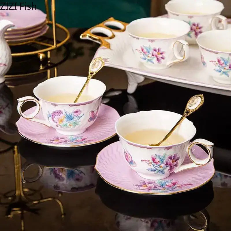 Floral pink & purple porcelain coffee mug set dining room gold trim