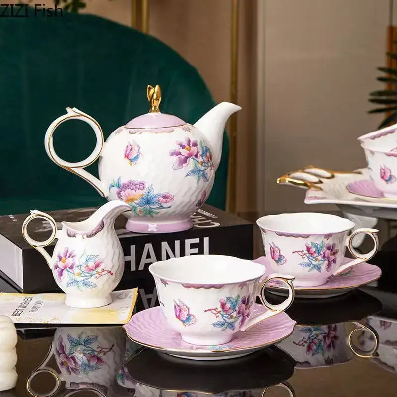 Floral pink & purple porcelain coffee mug set dining room gold trim