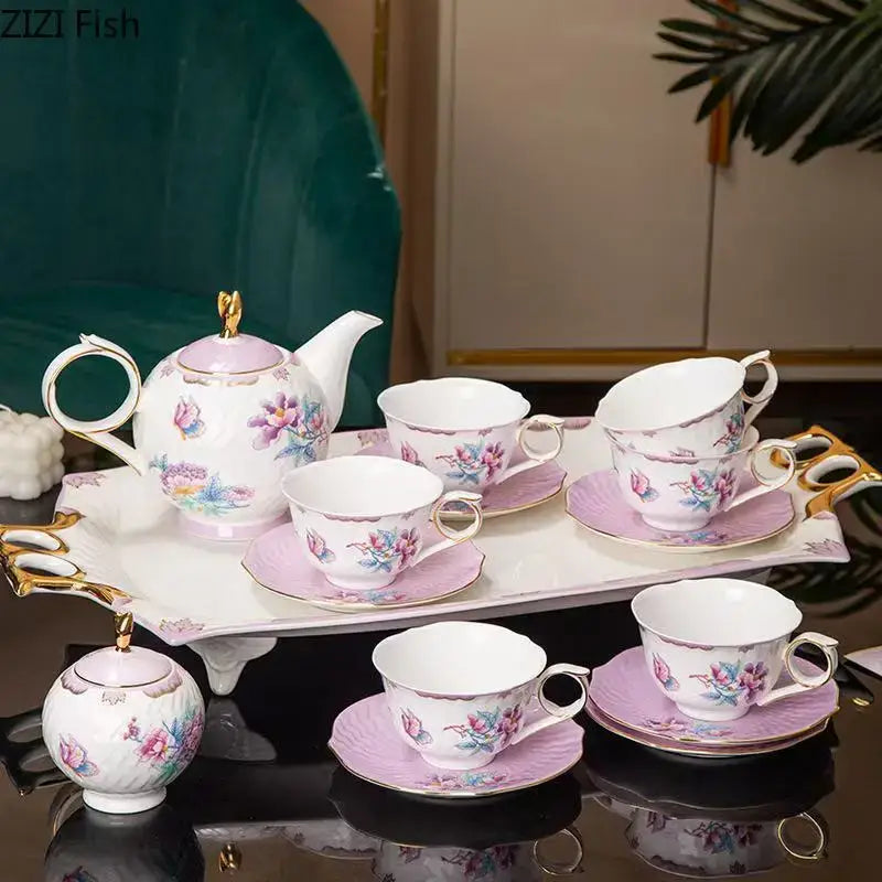 Floral pink & purple porcelain coffee mug set dining room gold trim