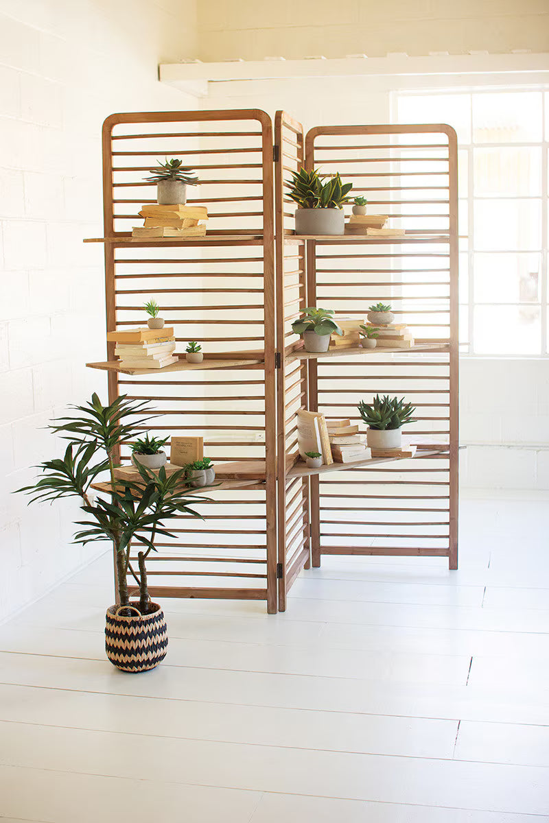 Arden Natural Wood Folding Screen with Display Shelves