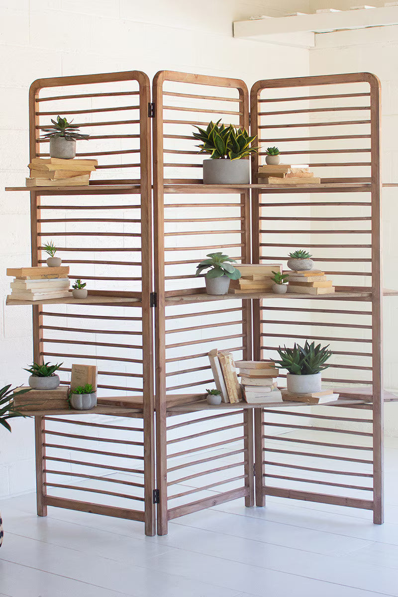 Arden Natural Wood Folding Screen with Display Shelves