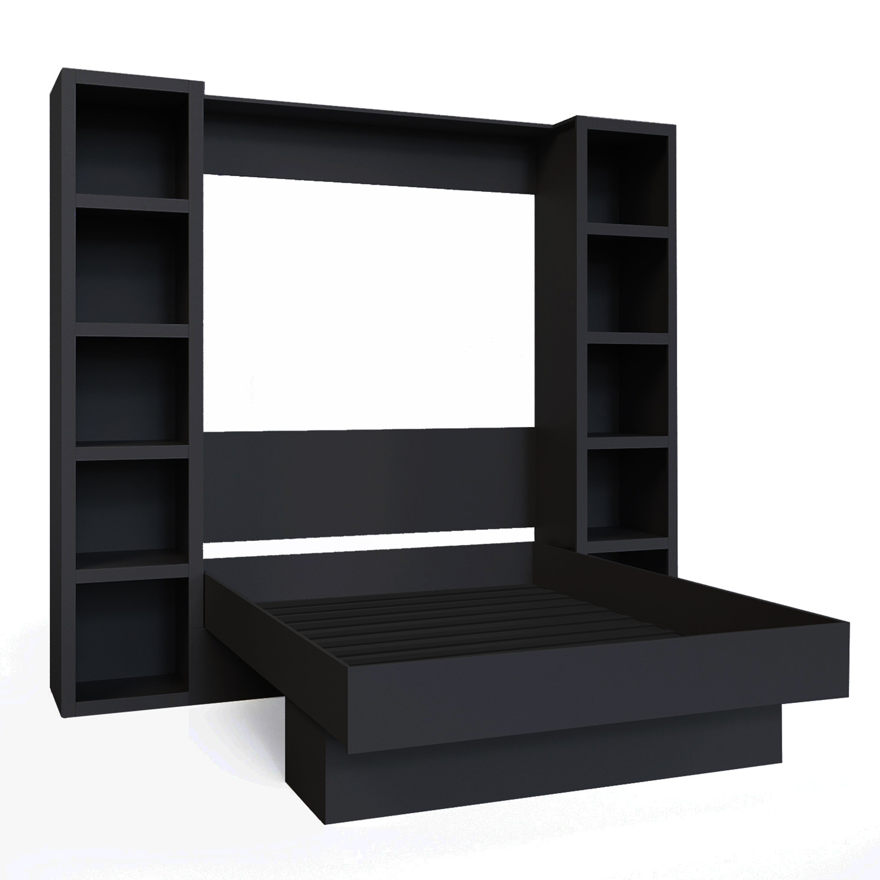 Easy-Lift Full Murphy Wall Bed in Black with Two Bookshelves
