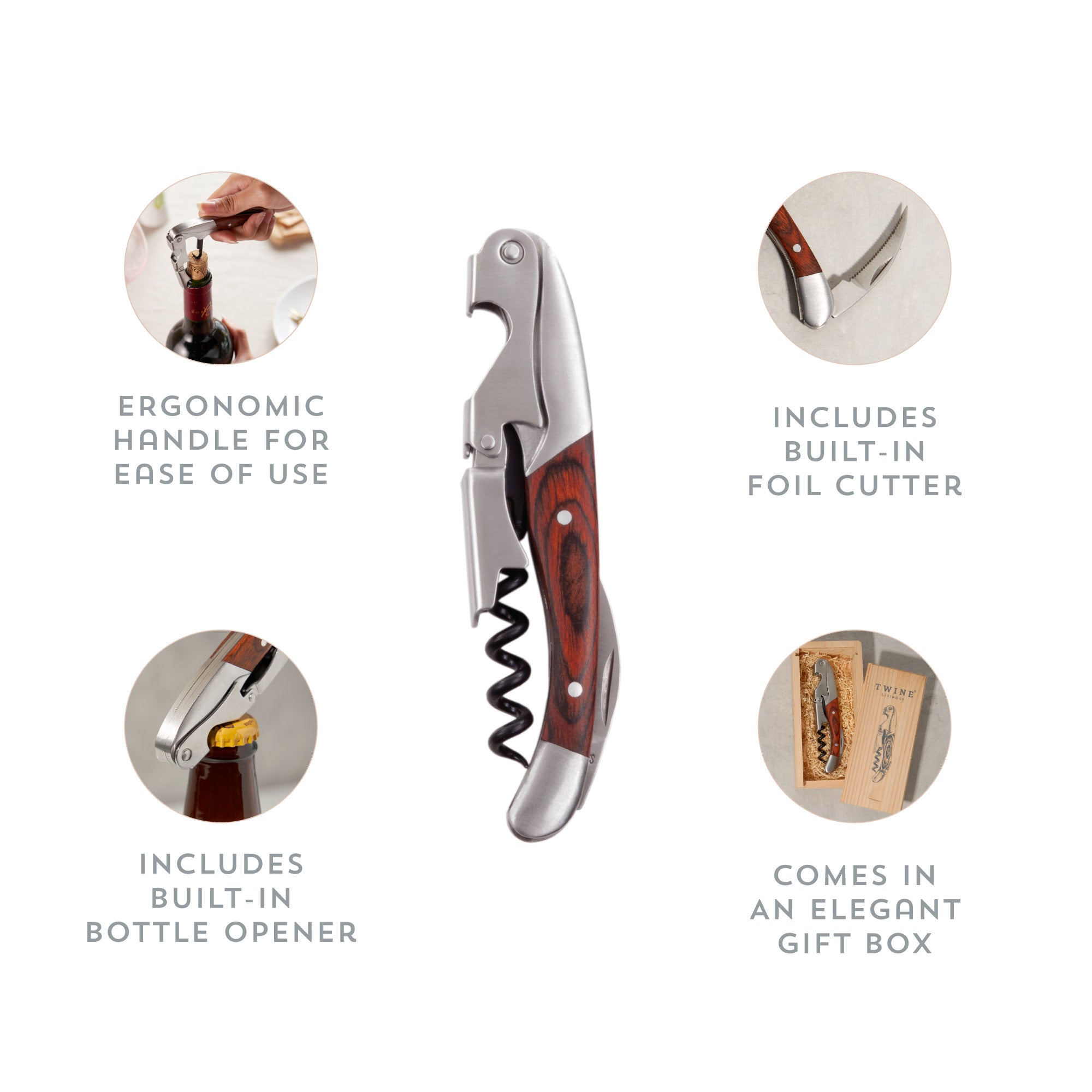 Wooden Handled Double-Hinged Corkscrew in Gift Box