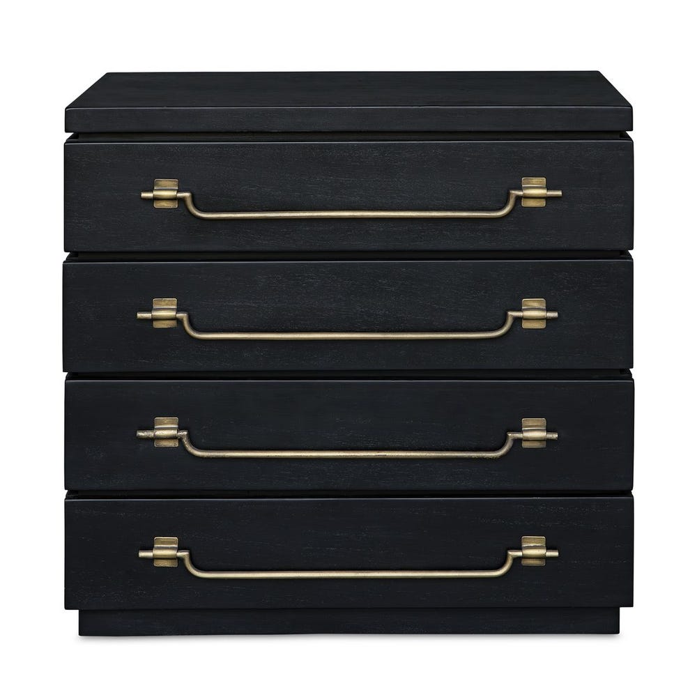 Front view of black four-drawer chest with brass handles