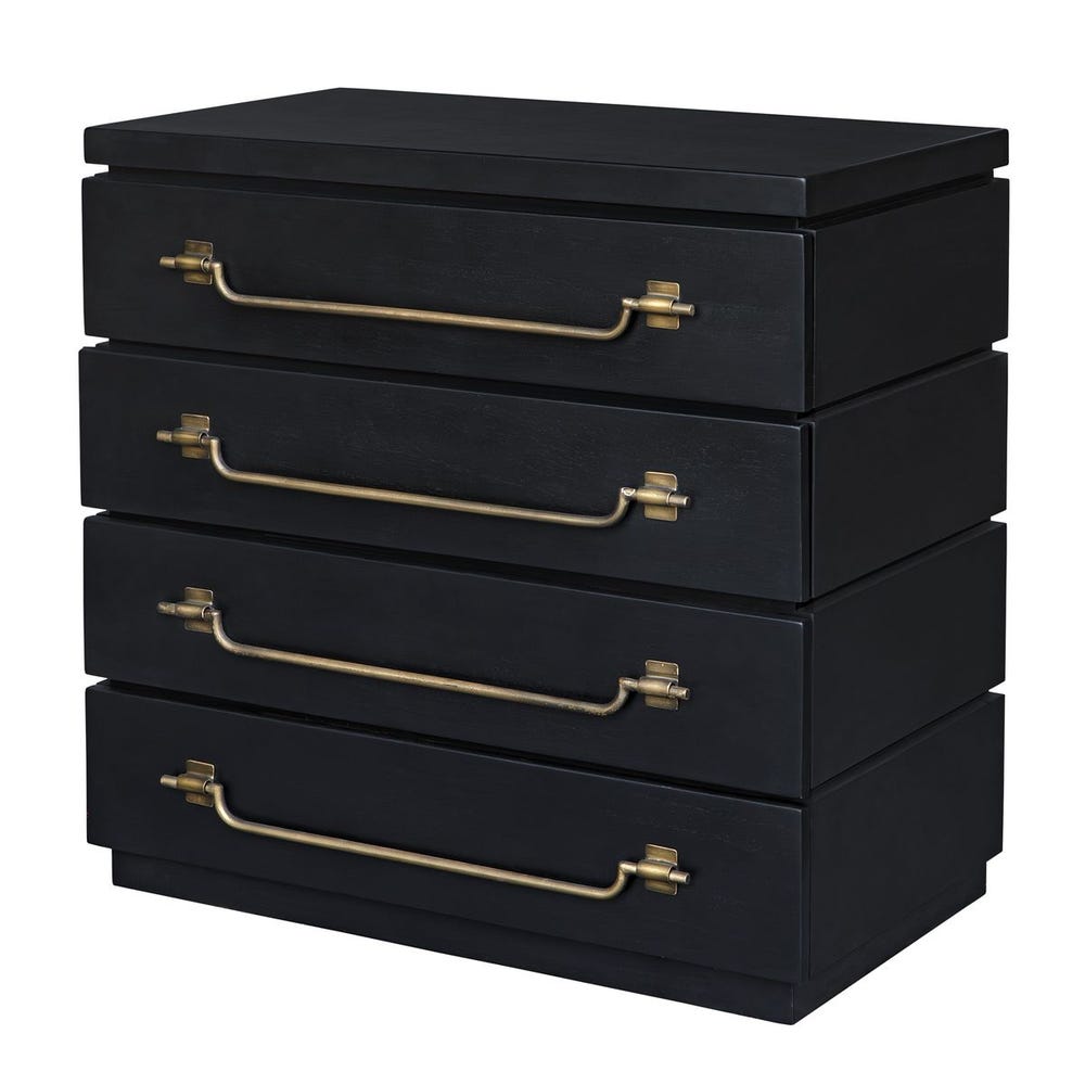 Angled view of black drawer chest