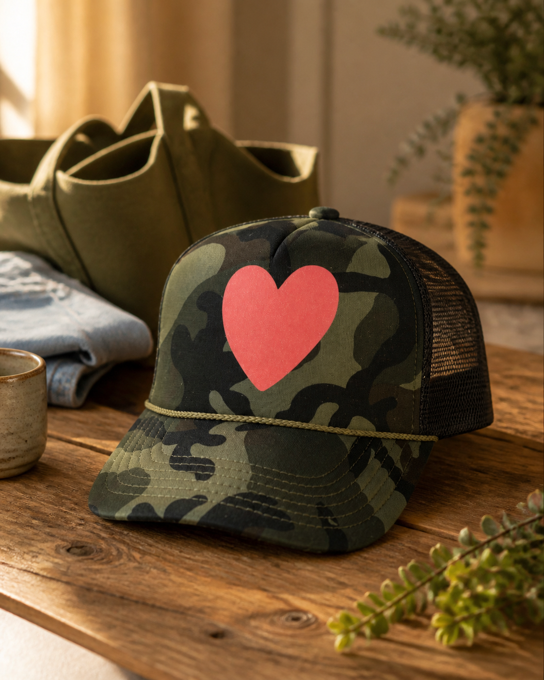 Artsy Heart - Camo Trucker w/ Grapefruit Glitter