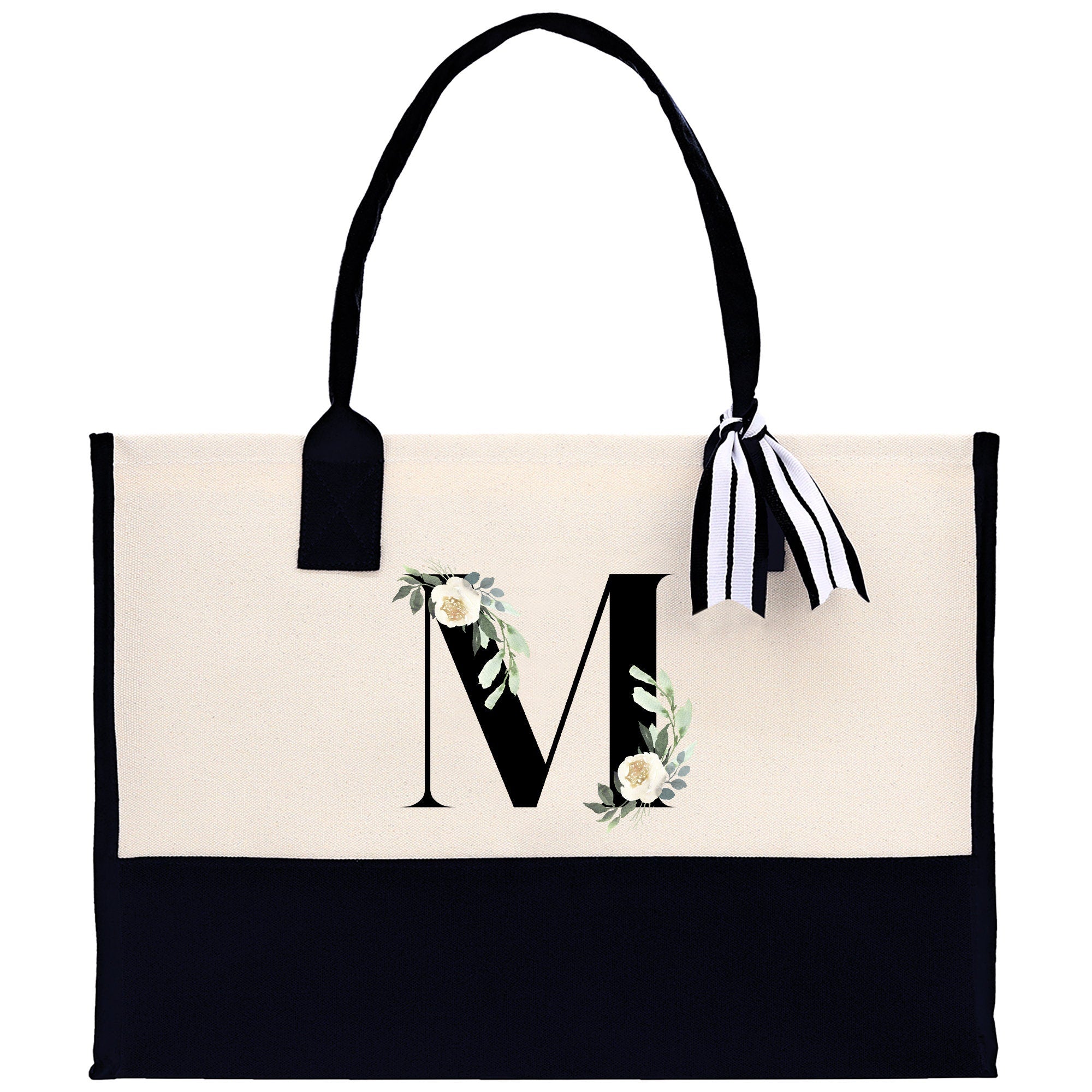 Floral Monogram Cotton Canvas Tote Bag Personalized Bridesmaid Gift Bag Wedding Birthday Gift Custom Name Tote Maid of Honor Wedding Gift