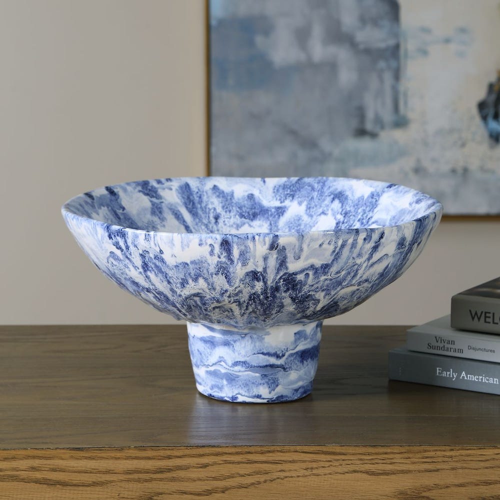 Indigo Tides Marbled Ceramic Pedestal Bowl