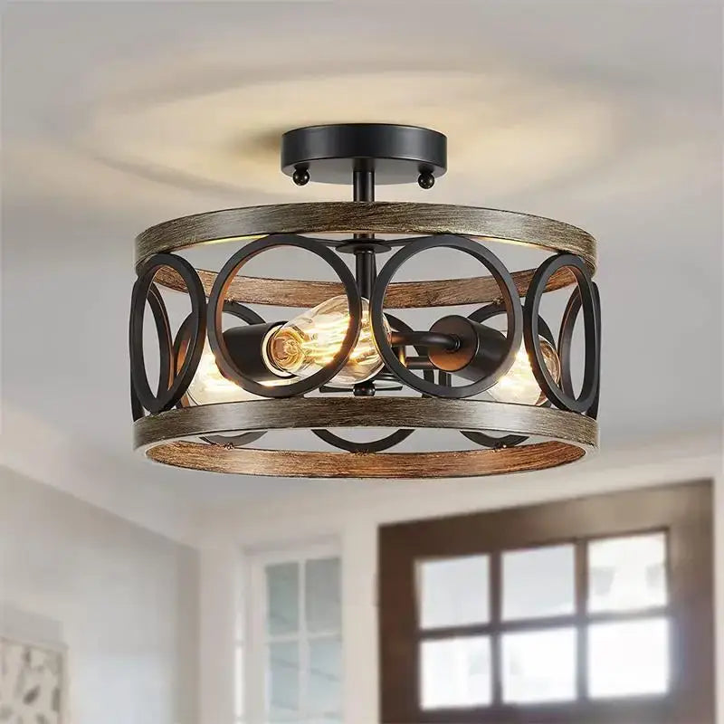 Industrial farmhouse chandelier wood & black metal dining room light