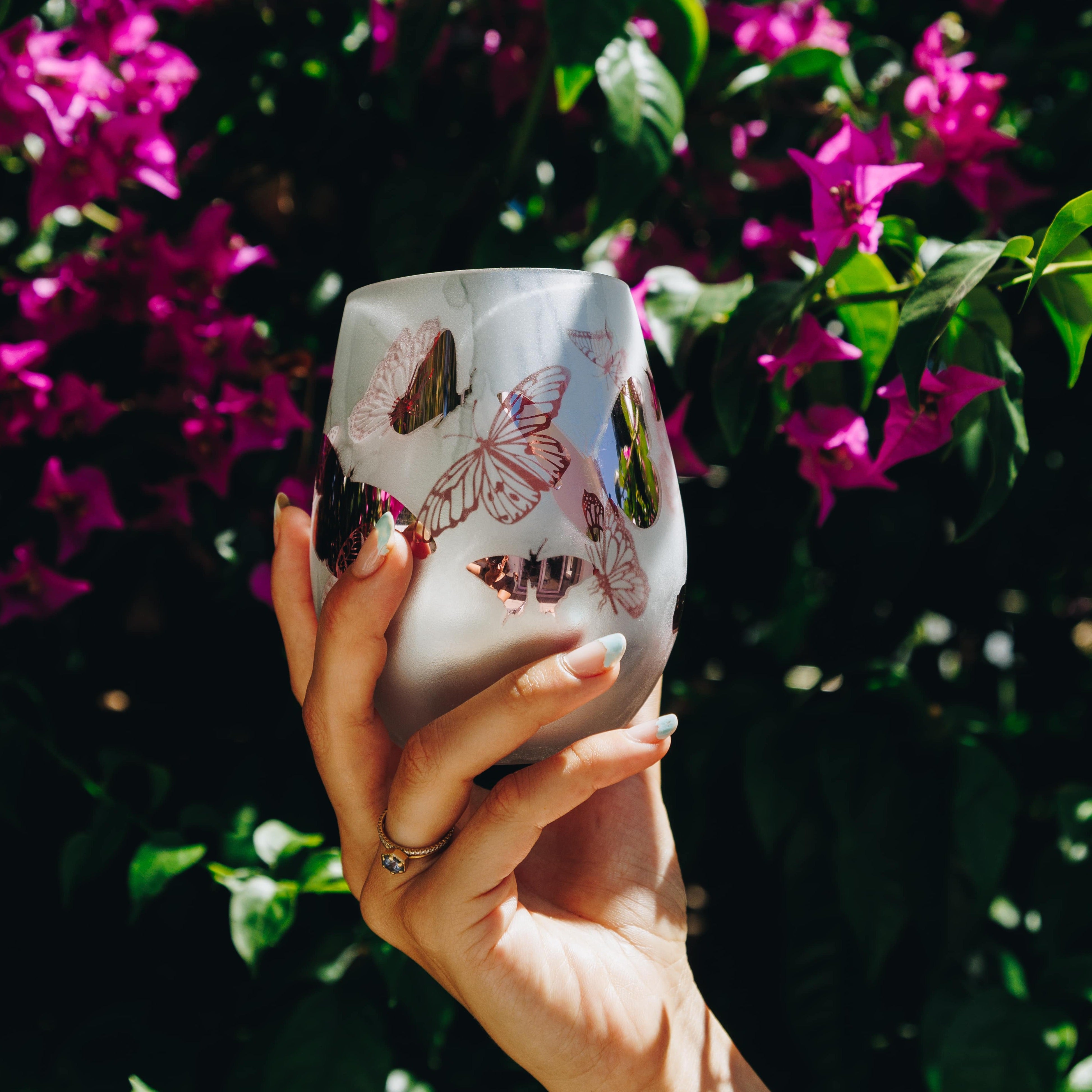 Pink Butterfly Stemless Wine Glasses