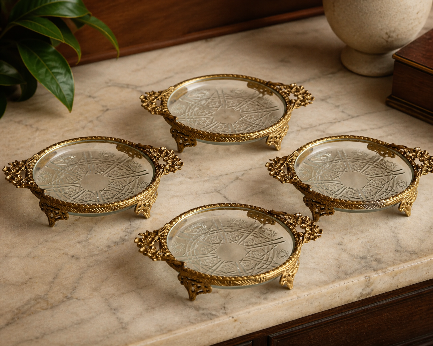Gilded Crystal Valet Dishes, Set of 4