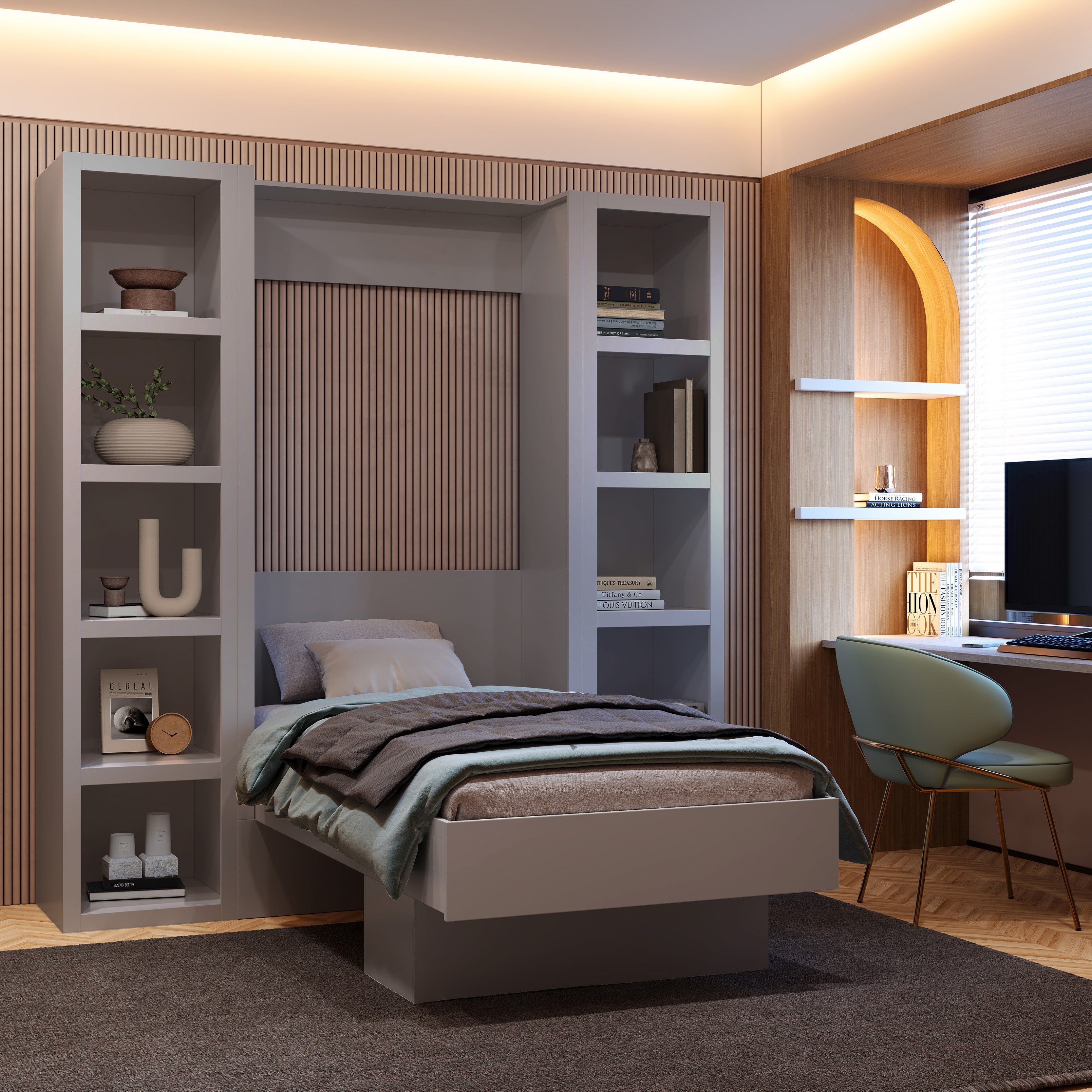 Easy-Lift Twin Murphy Wall Bed in Grey with Two Bookshelves