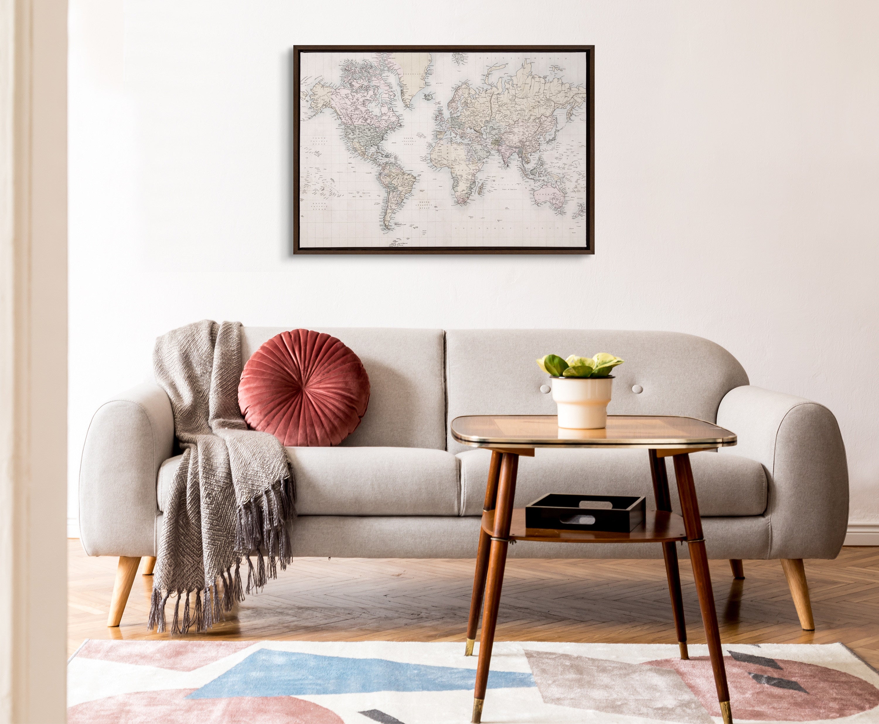 Sylvie Vintage World Map Framed Canvas by The Creative Bunch Studio