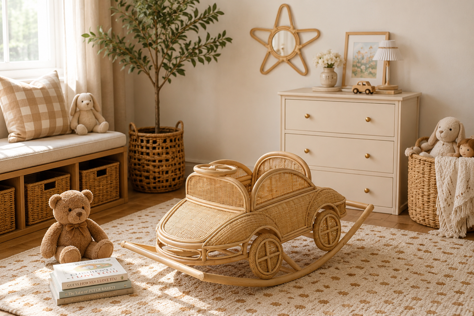 Vintage Inspired Rattan Rocking Car for Toddlers