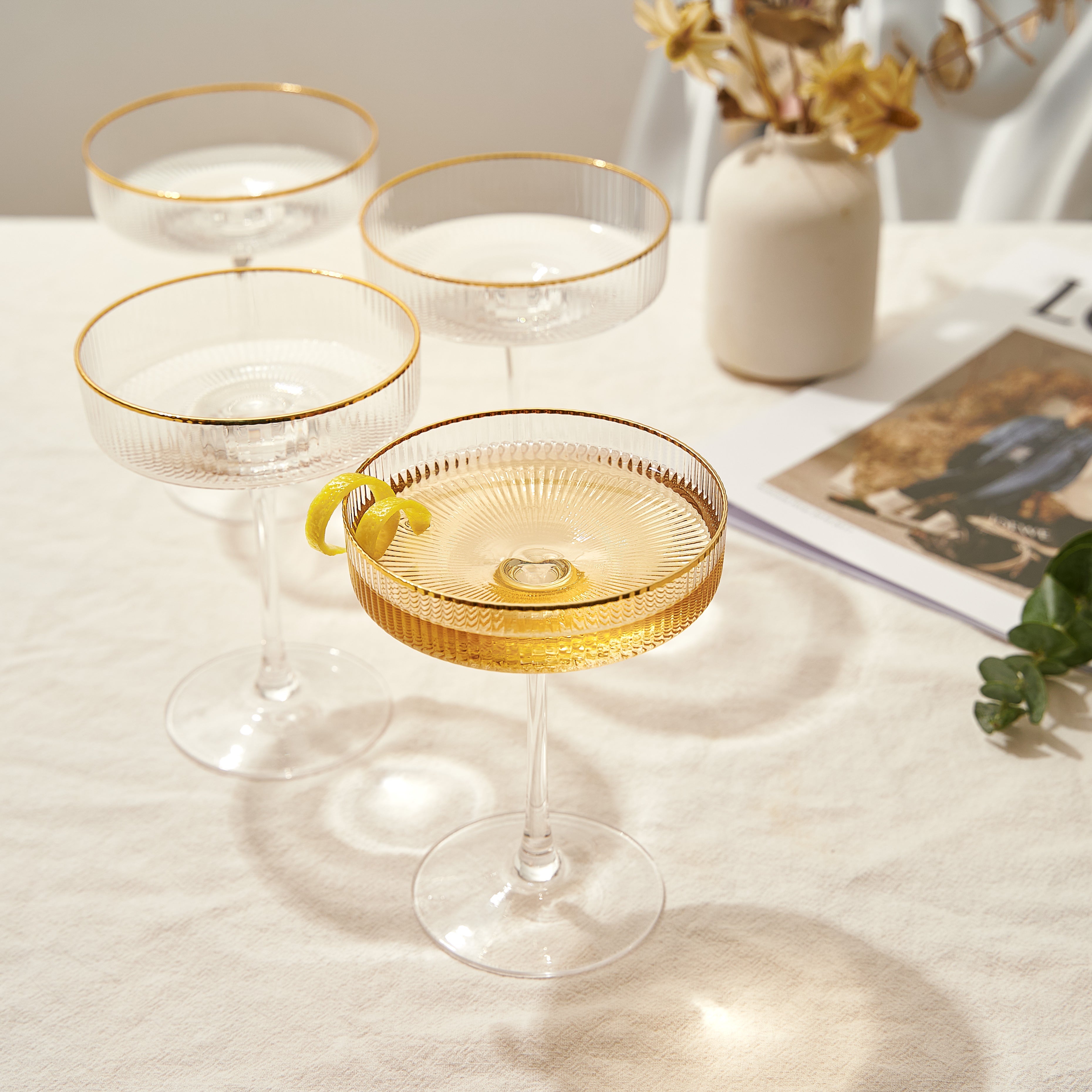 Ribbed Coupe Cocktail Glasses With Gold Rim 8 Oz Set Of 4 Classic Manhattan Glasses For Cocktails Li