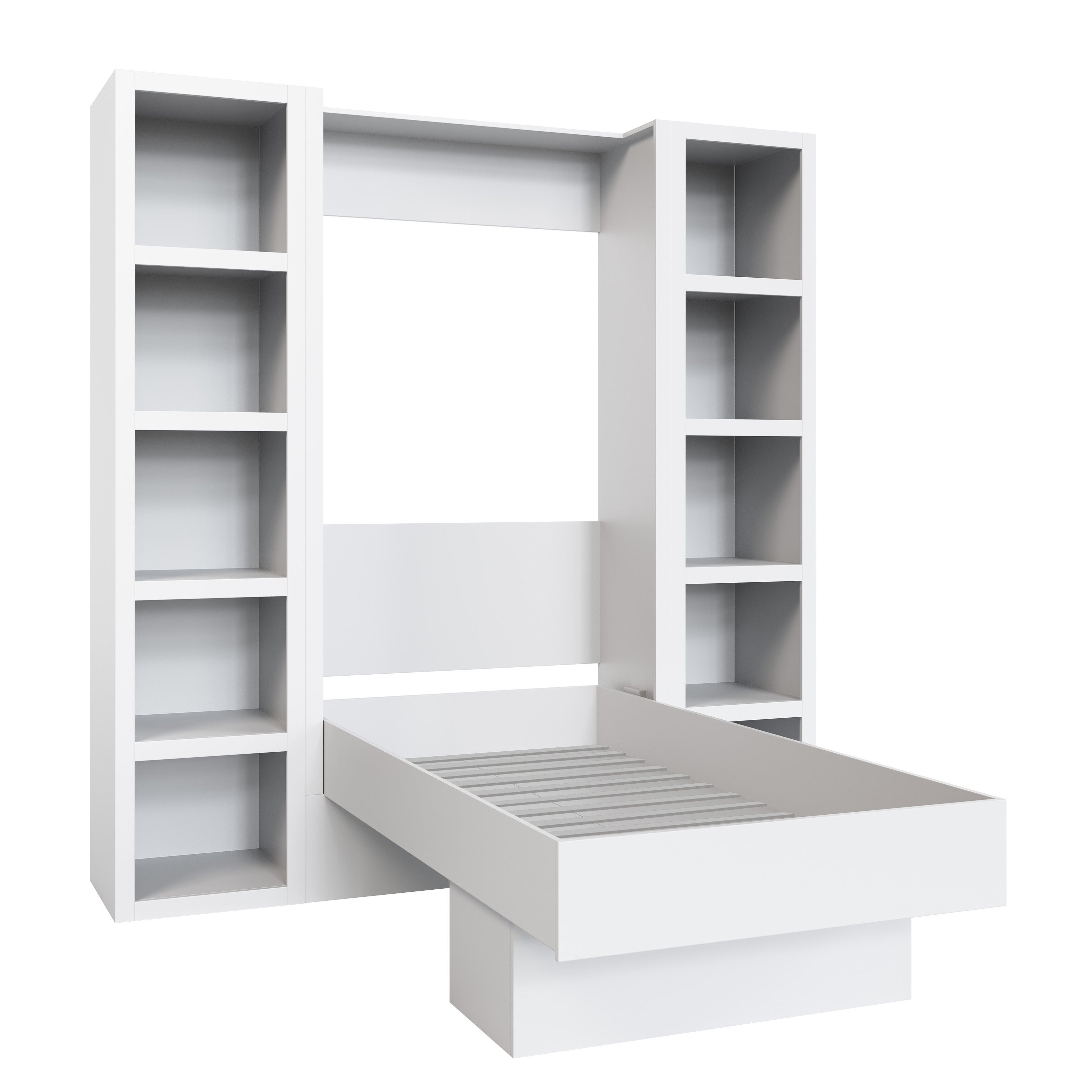 Easy-Lift Twin Murphy Wall Bed in White with Two Bookshelves