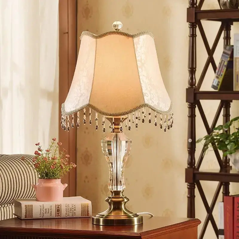 Luxury crystal table lamp with fabric lampshade bedroom light