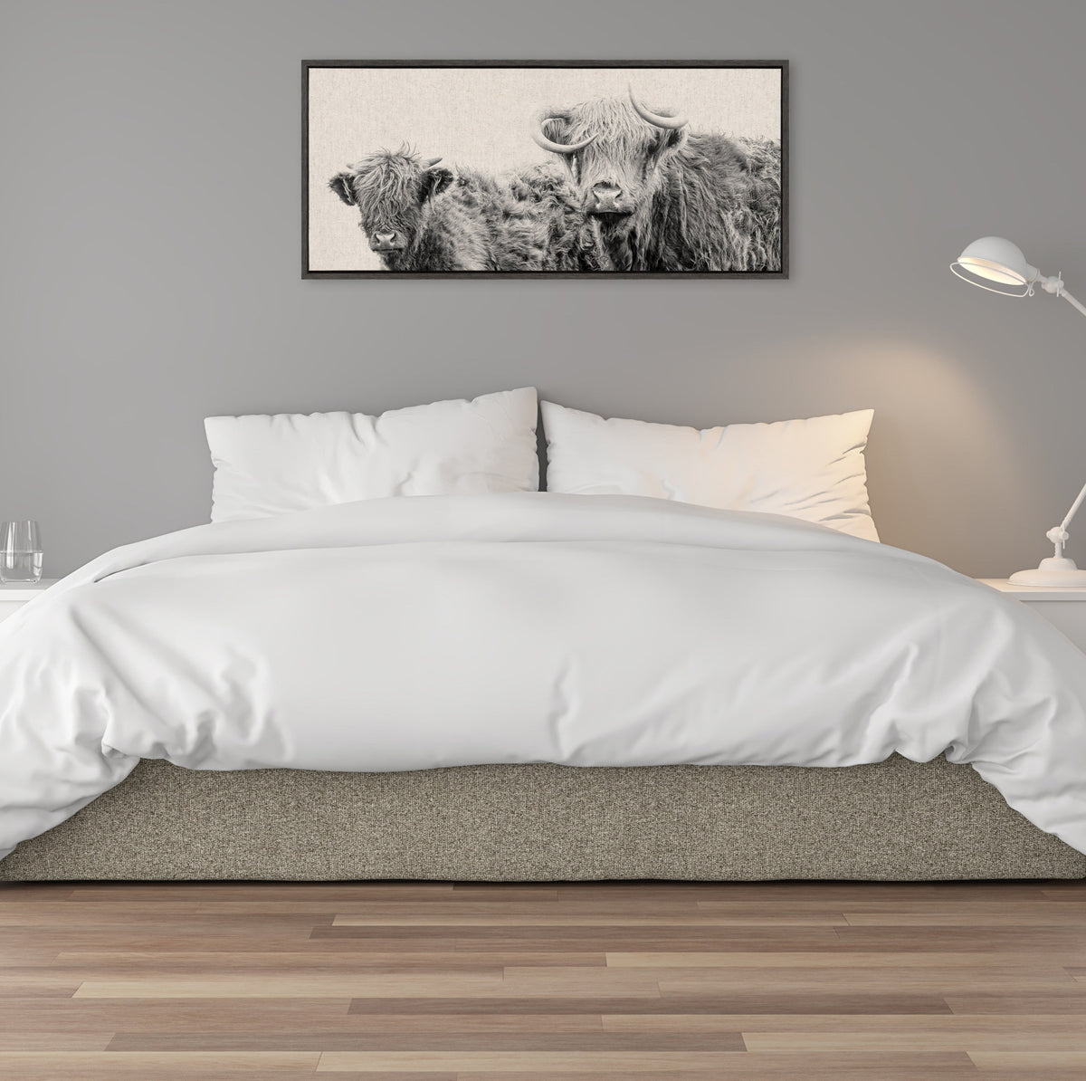 Sylvie Two Highland Cow Best Friends Neutral Linen Bright Framed Canvas by The Creative Bunch Studio