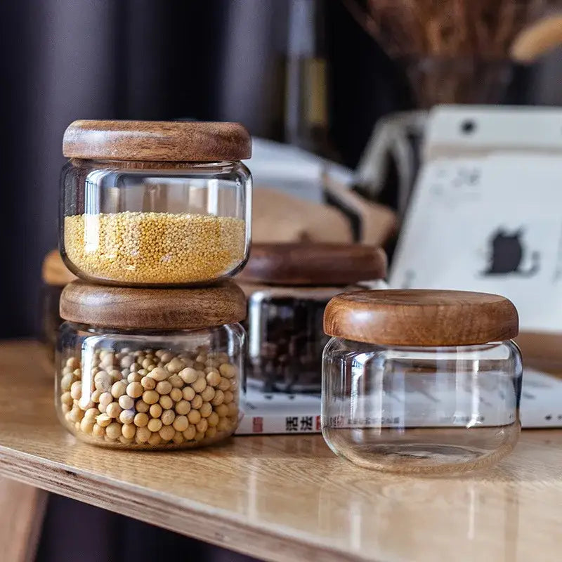 Minimalist glass spice jar with acacia wood lid kitchen storage