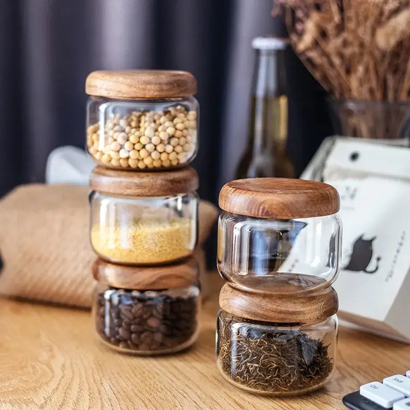 Minimalist glass spice jar with acacia wood lid kitchen storage