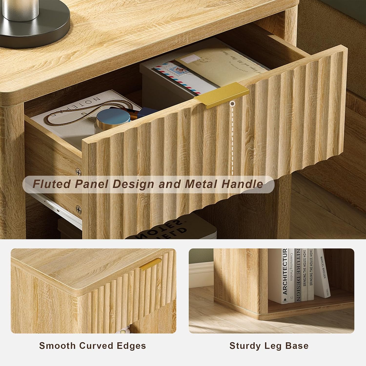 Fluted LED Nightstand with Charging Station, Drawer Side Tables, Oak - Vektaya