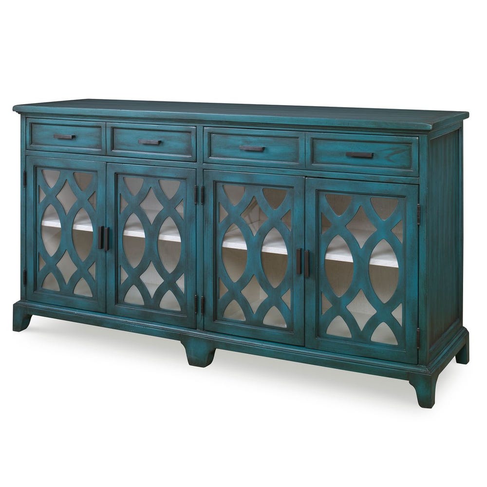 Angled view of green wood credenza