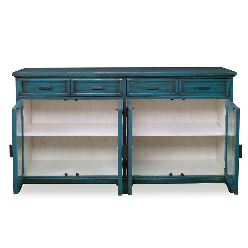 Open credenza showing contrasting light interior and shelves