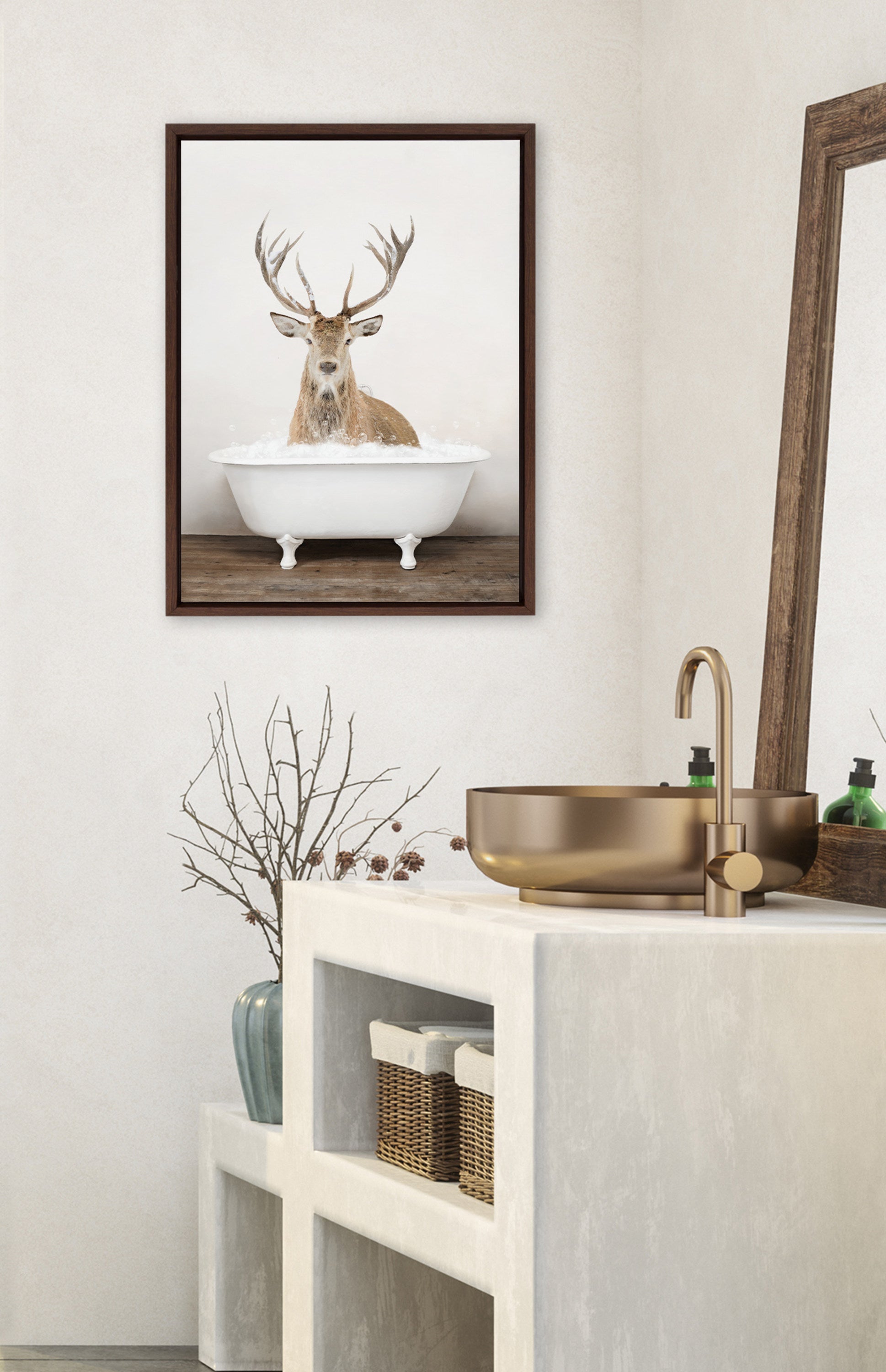 Sylvie Male Deer in Rustic Bath Framed Canvas by Amy Peterson Art Studio