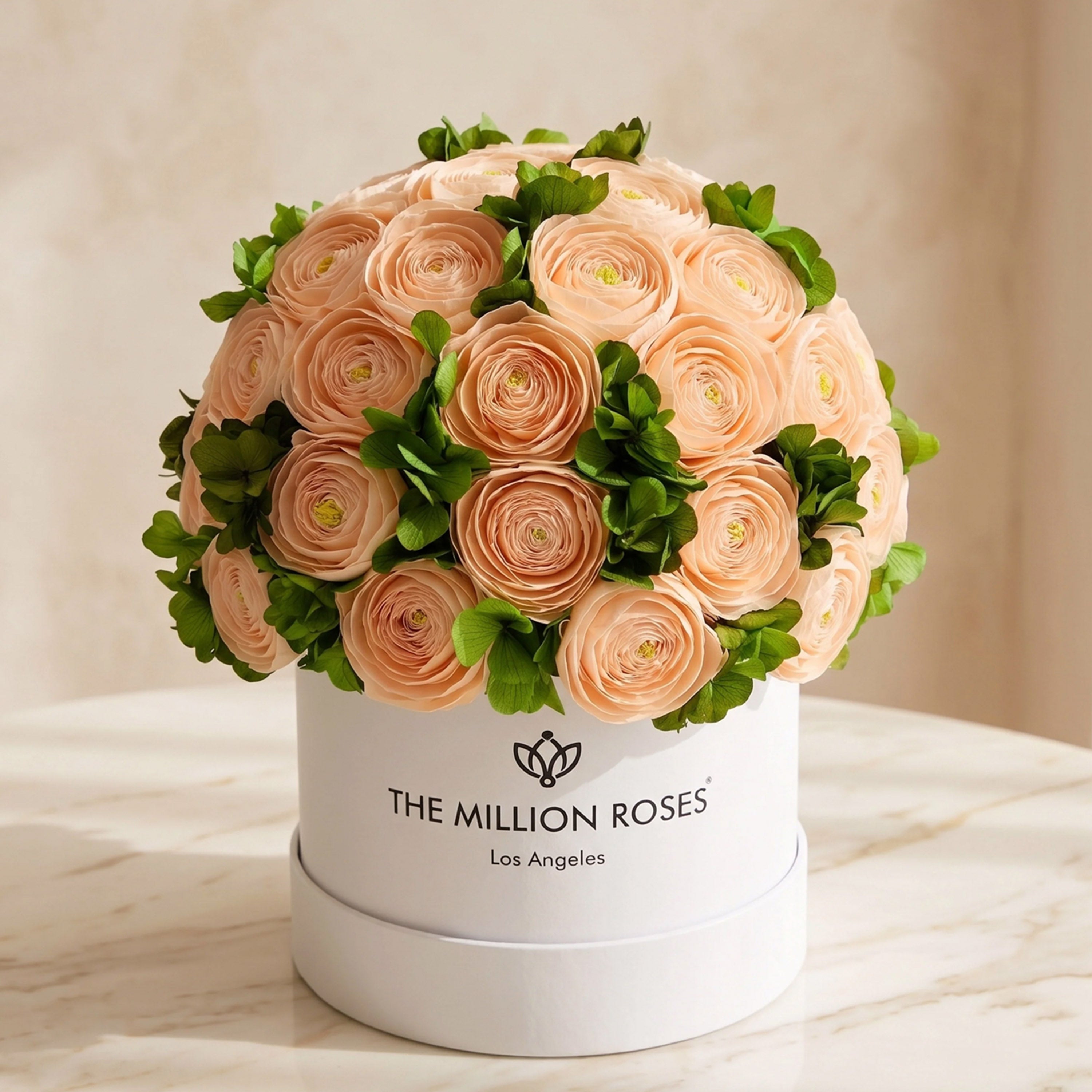 Classic White Box | Peach Persian Buttercups & Green Hydrangeas