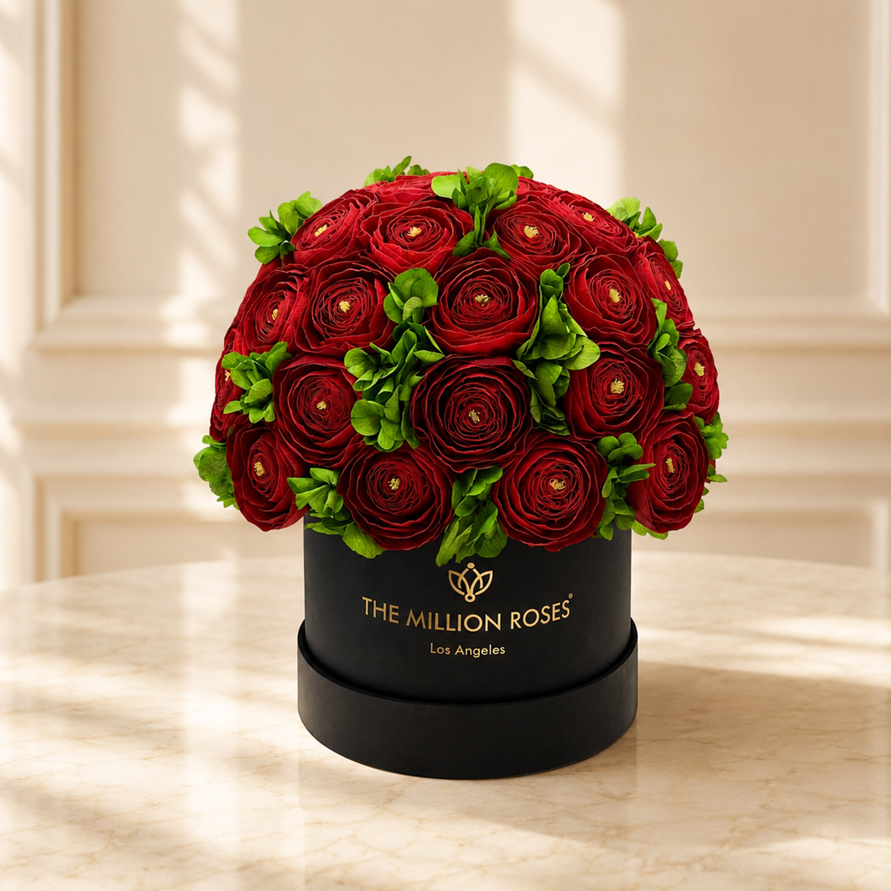 Classic Black Box | Red Persian Buttercups & Green Hydrangeas