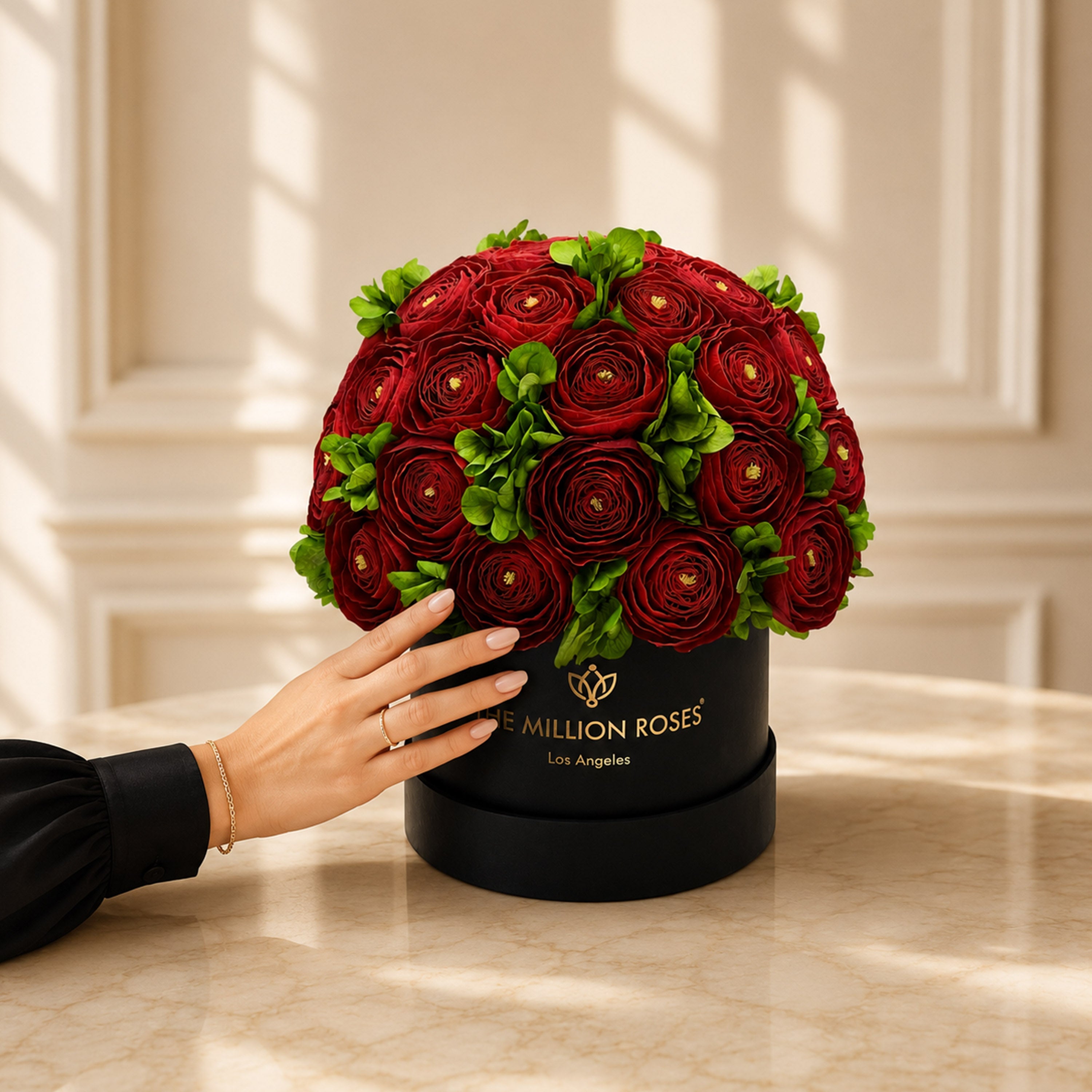 Classic Black Box | Red Persian Buttercups & Green Hydrangeas