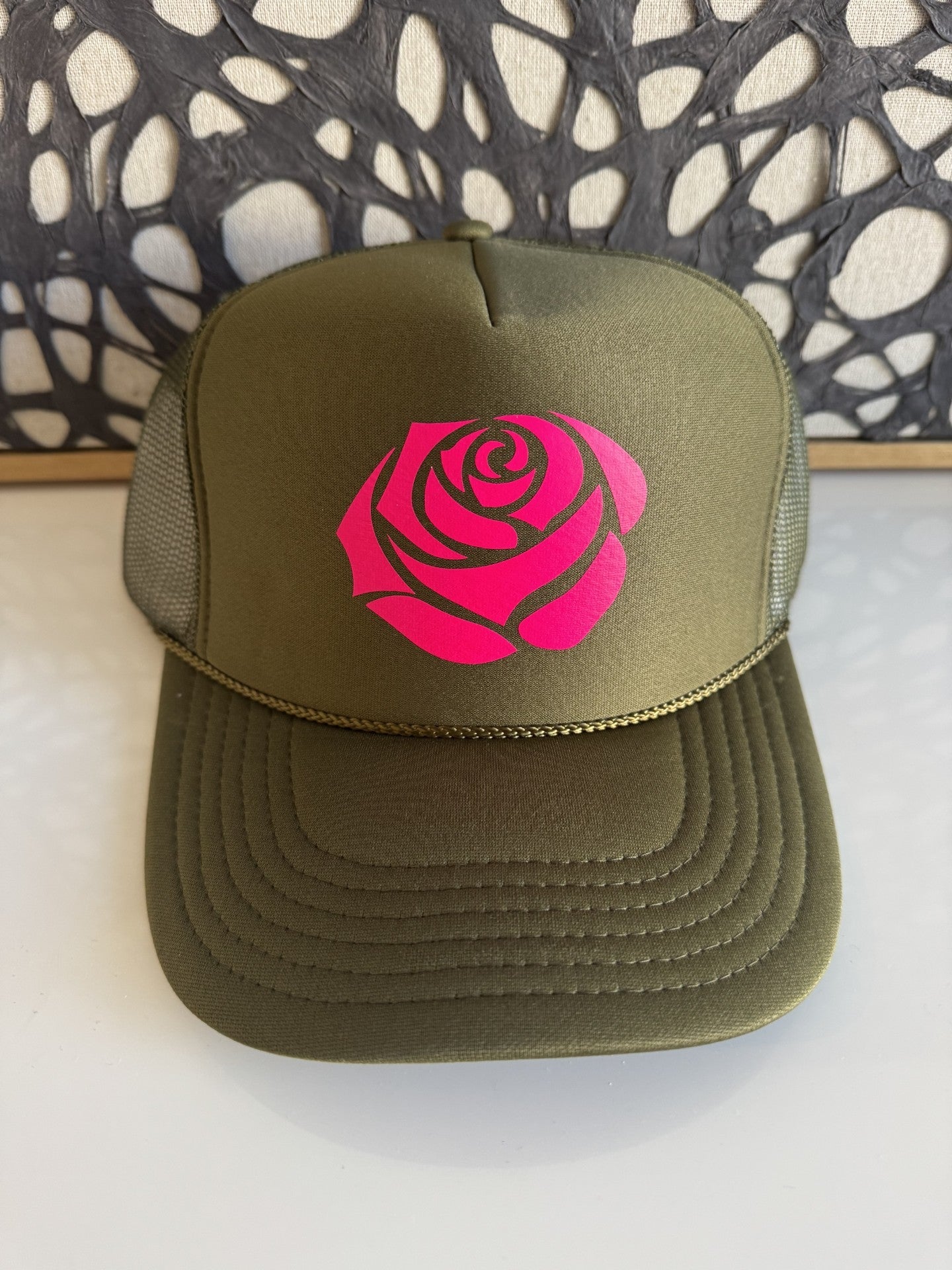 Rose image on Olive Trucker Hat