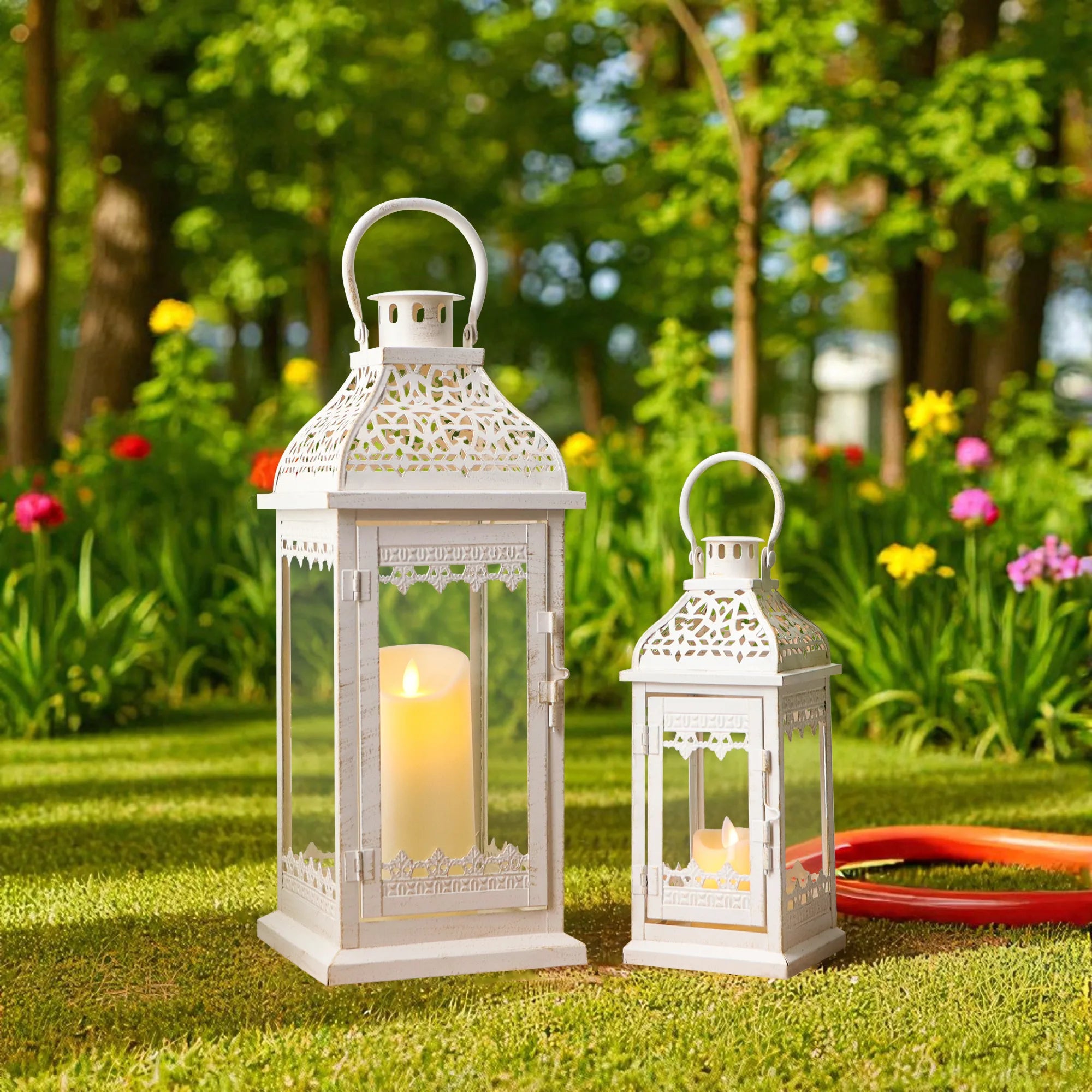 Set of 2 13''&19.5''H Candle Lanterns (Beige Gold Brush)