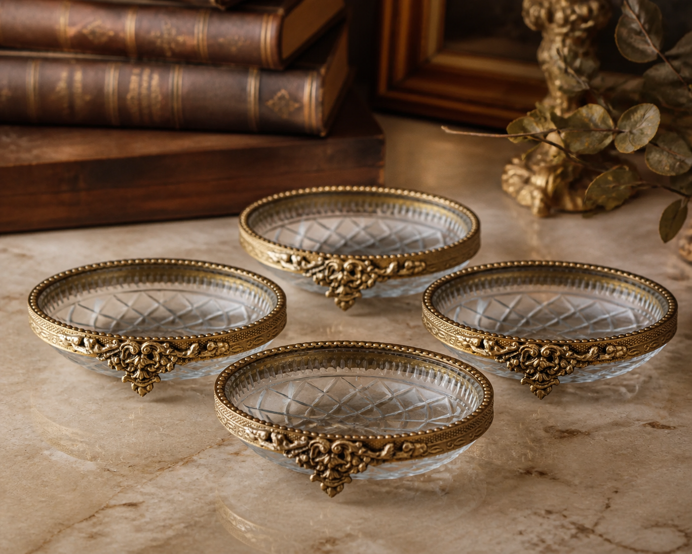 Madame Gilded Glass Soap Dishes, Set of 4