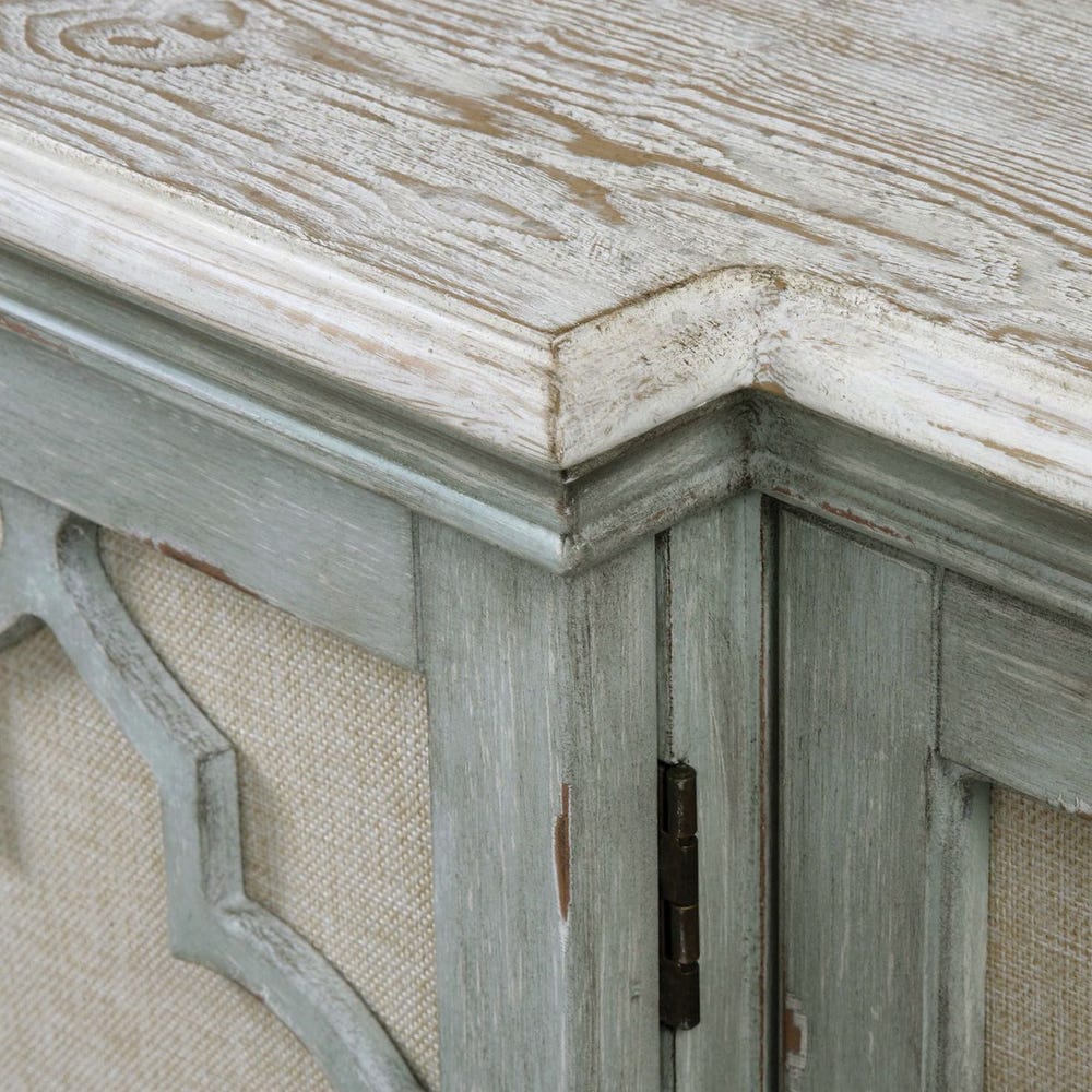 Close-up of weathered finish and cabinet corner