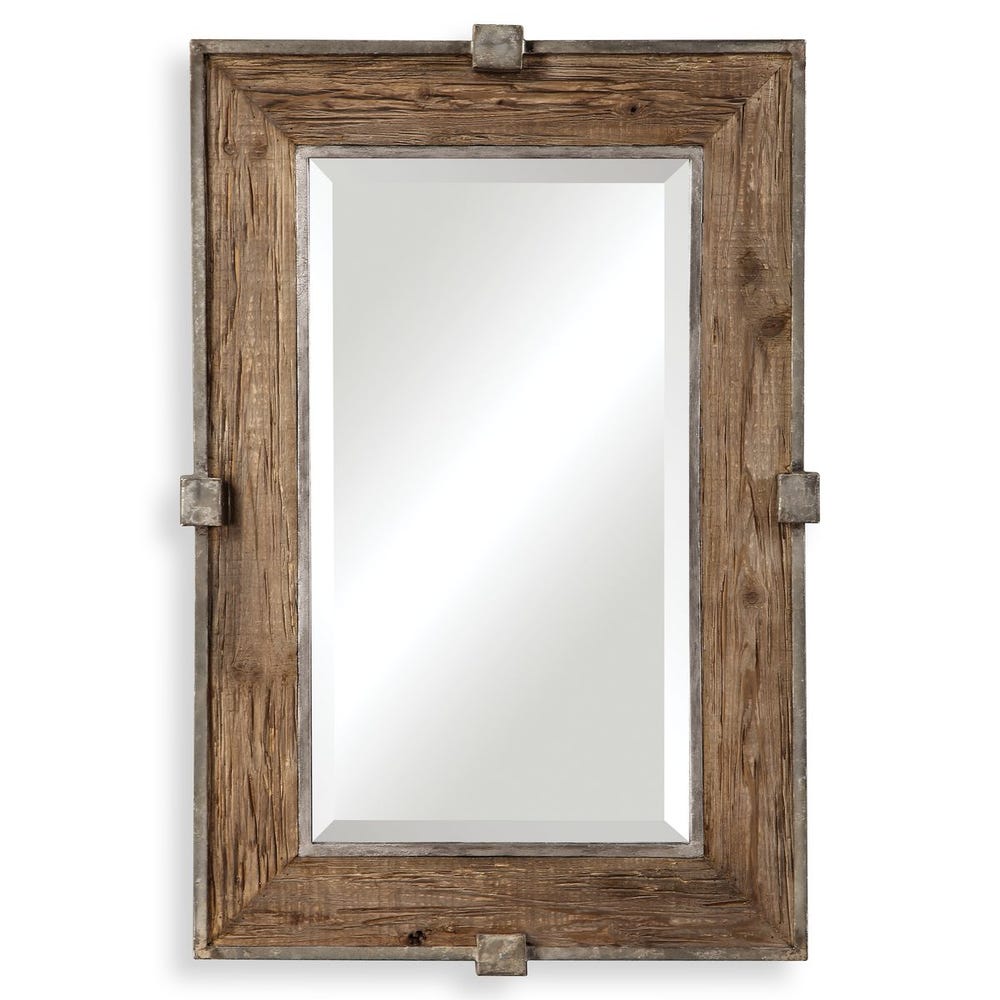 Front view of rectangular reclaimed wood mirror with silver metal accents