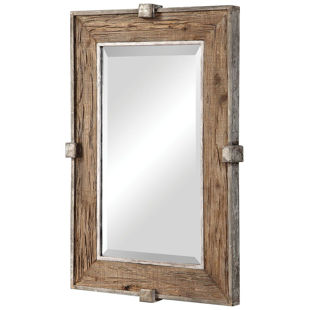 Angled view of wood framed mirror