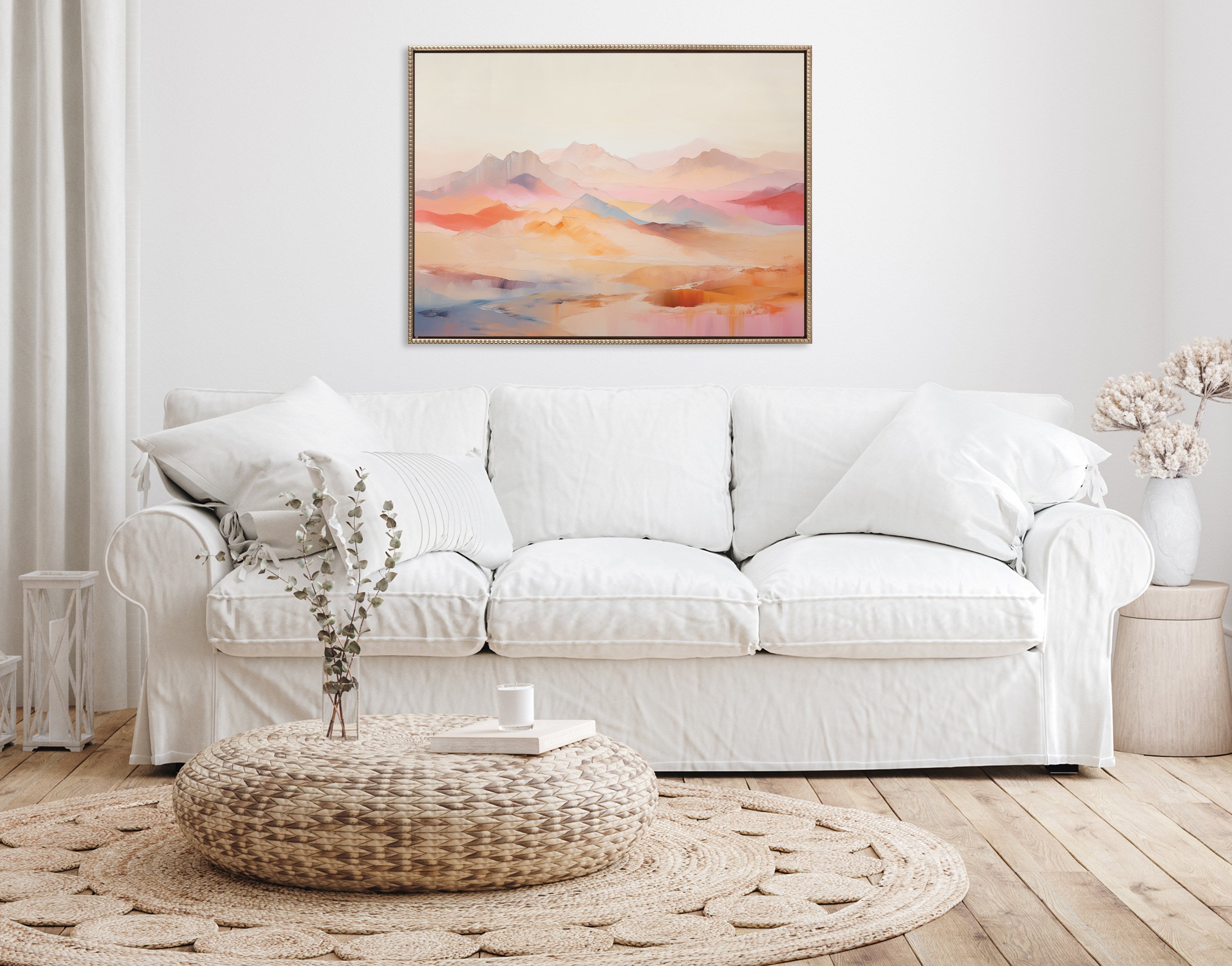 Sylvie Beaded Soft Pastel Mountain Abstract Framed Canvas by The Creative Bunch Studio