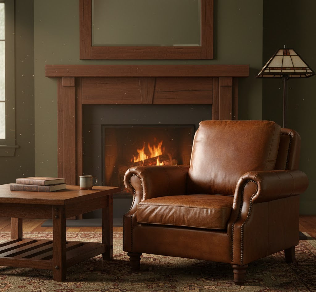 English Rolled Arm - Arm Chair - Bark Brown Leather