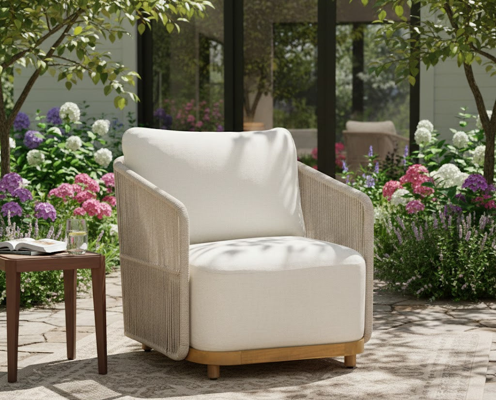 Alpine Teak Wood Outdoor Arm Chair with Biege Rope Design