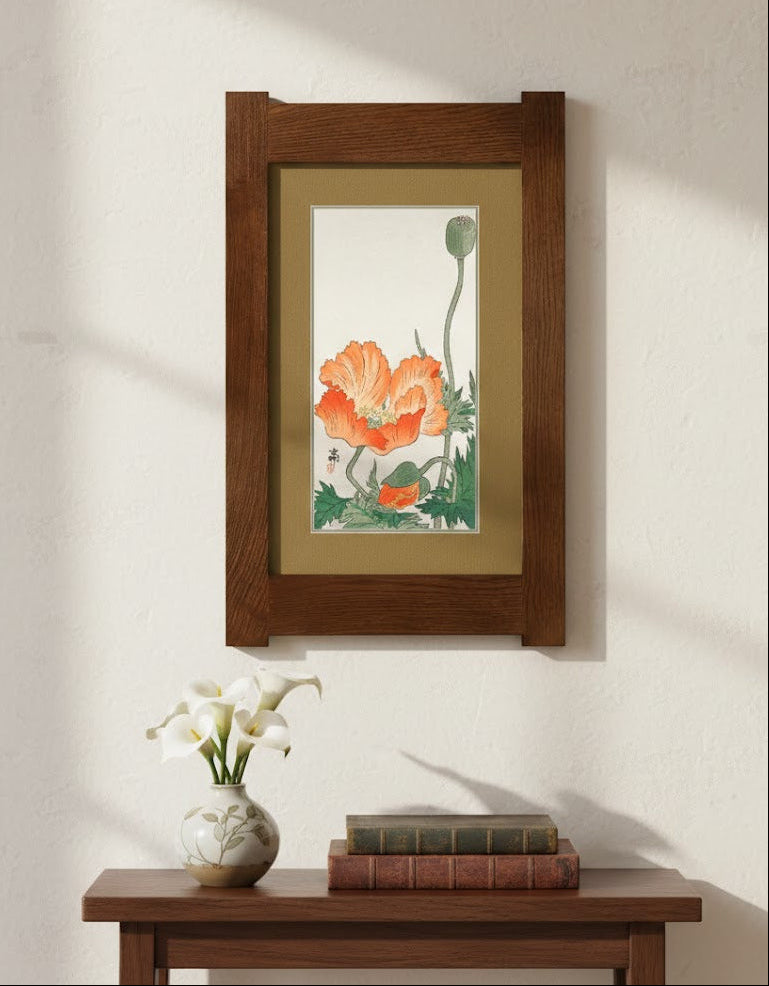 Arts & Crafts Mission Oak Framed Art with Poppy Design