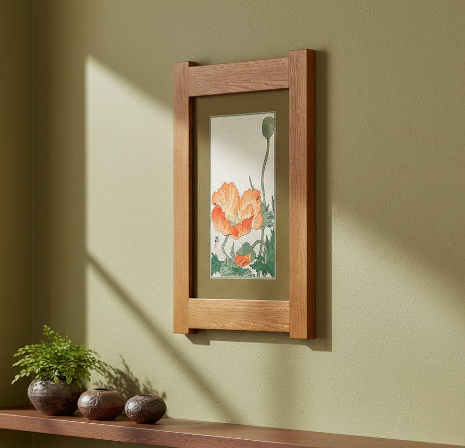 Arts & Crafts Mission Oak Framed Art with Poppy Design