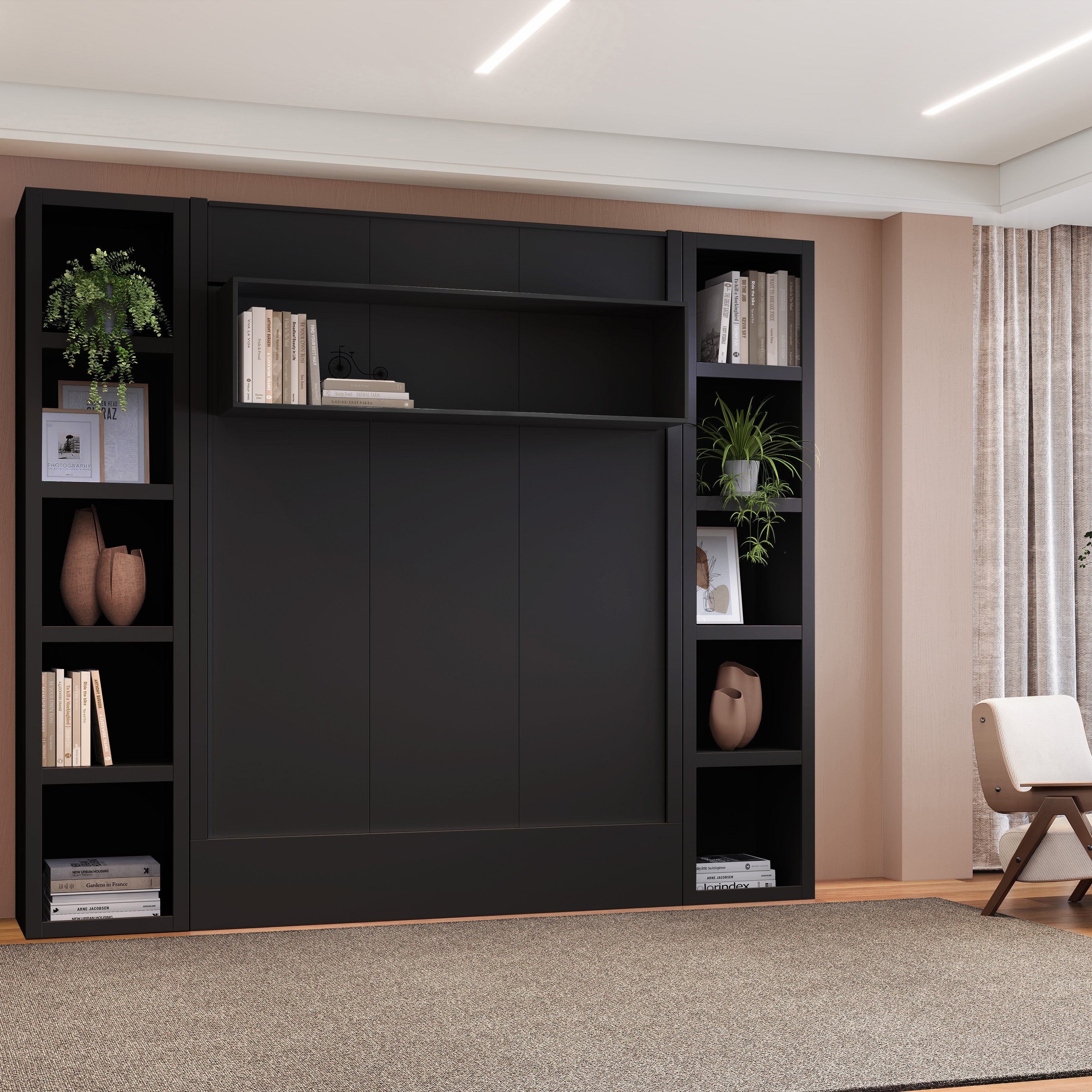 Easy-Lift Full Murphy Wall Bed in Black with Two Bookshelves