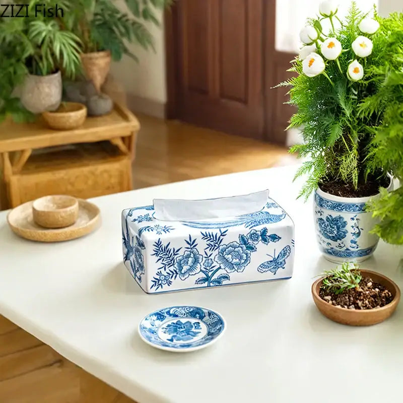 Vintage blue & white porcelain tissue box living room decor