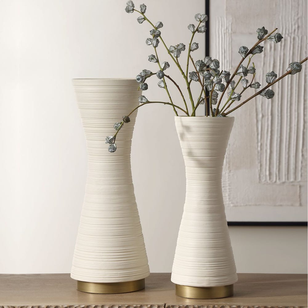 White Ribbed Ceramic Vase Set of Two