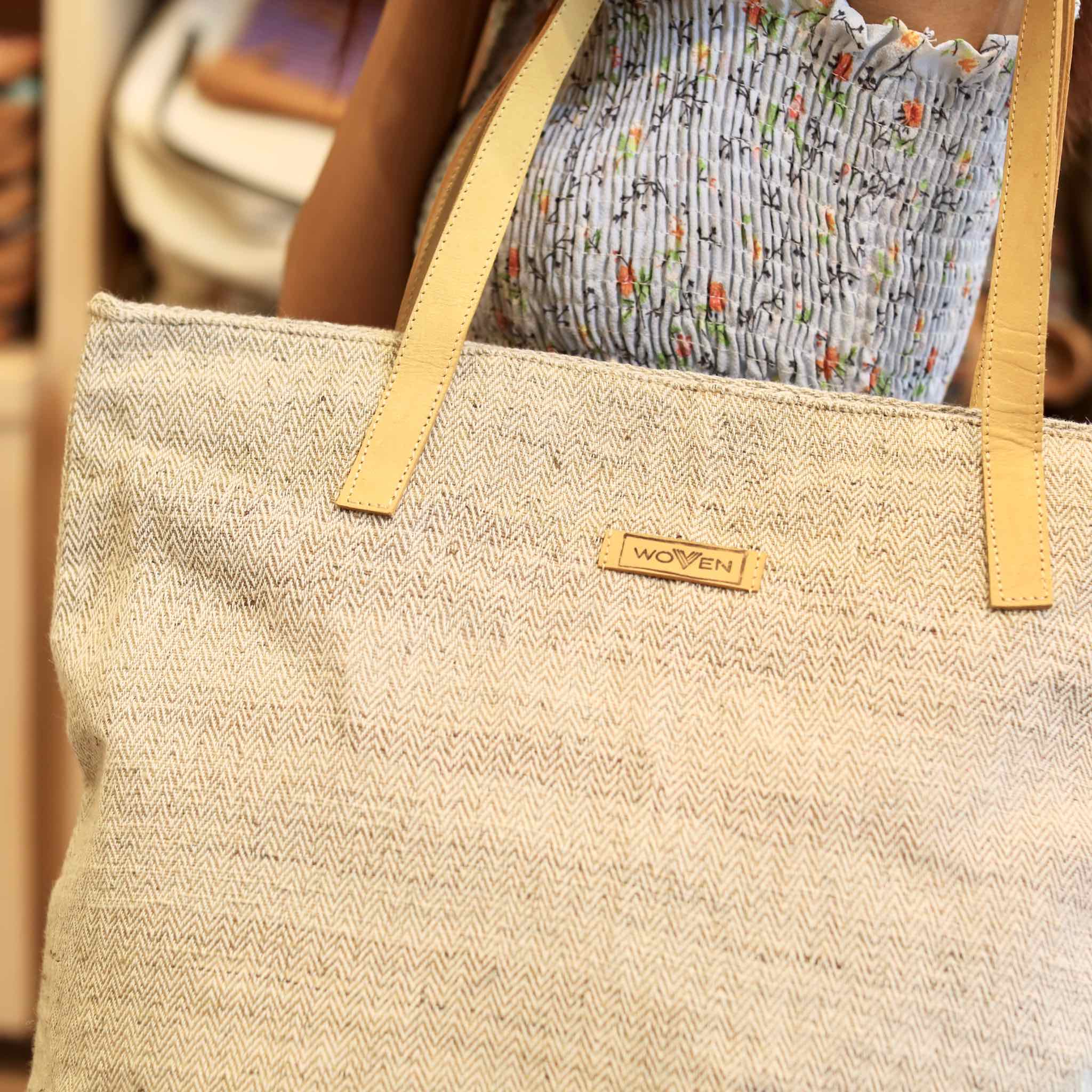 Large Handwoven Jute Tote Bag with Suede Leather