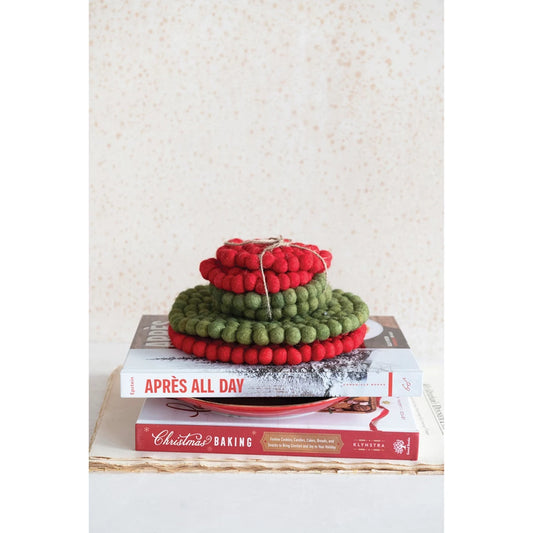 Round Handmade Wool Felt Ball Coasters - Red & Green